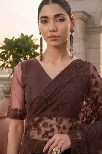 Brown embellished embroidered net designer saree