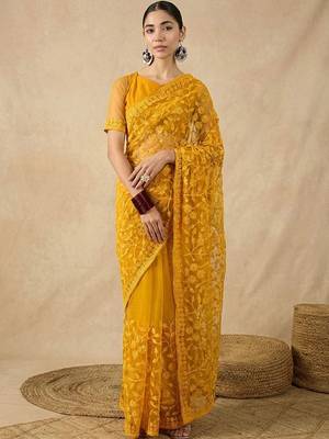 Yellow floral embroidered net designer saree 1