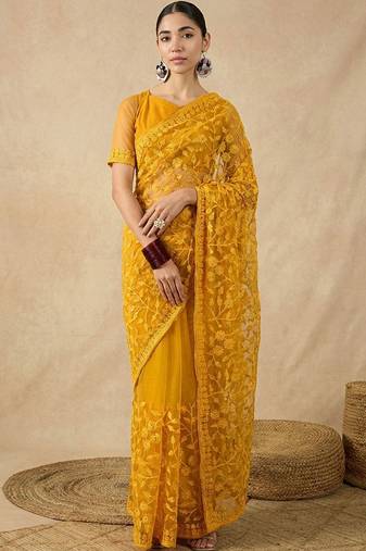 Yellow floral embroidered net designer saree