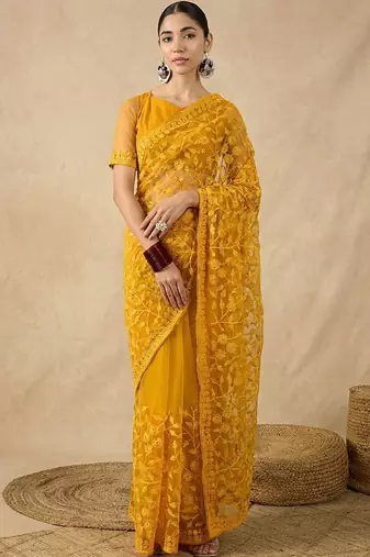 Yellow floral embroidered net designer saree