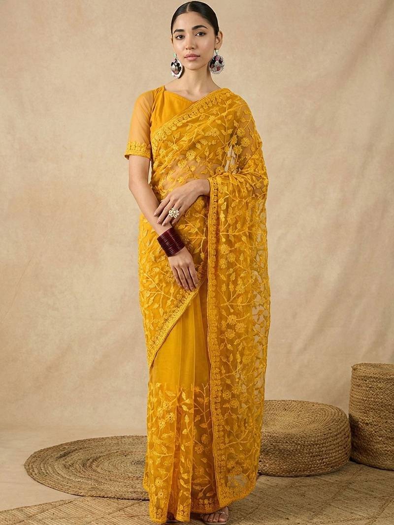 Yellow floral embroidered net designer saree