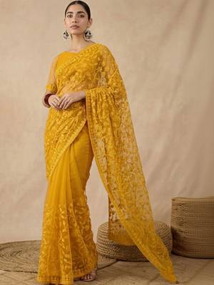 Yellow floral embroidered net designer saree 2