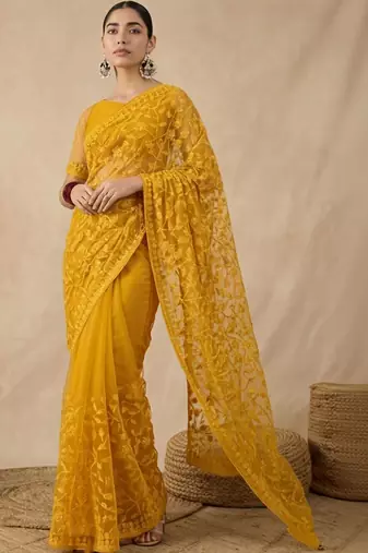 Yellow floral embroidered net designer saree