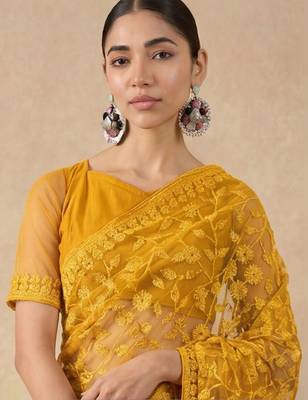 Yellow floral embroidered net designer saree 5