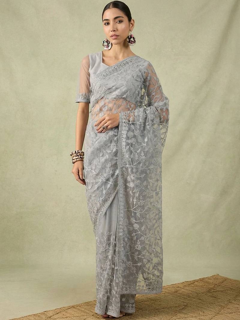 Grey embellished embroidered net designer saree
