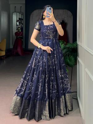 Awesome Navy Blue Weaving Border Cotton Traditional Gown 1