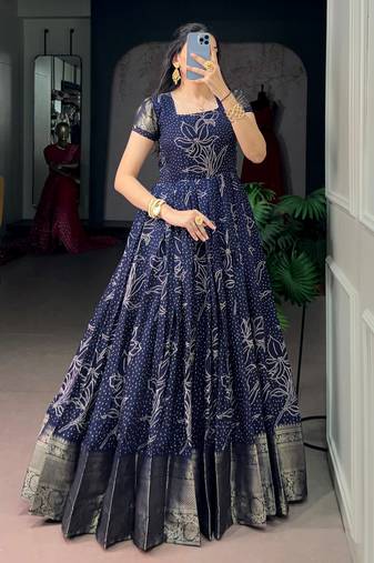 Awesome Navy Blue Weaving Border Cotton Traditional Gown