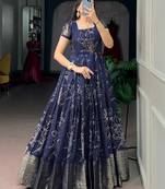 Awesome Navy Blue Weaving Border Cotton Traditional Gown