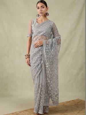Grey embellished embroidered net designer saree 2