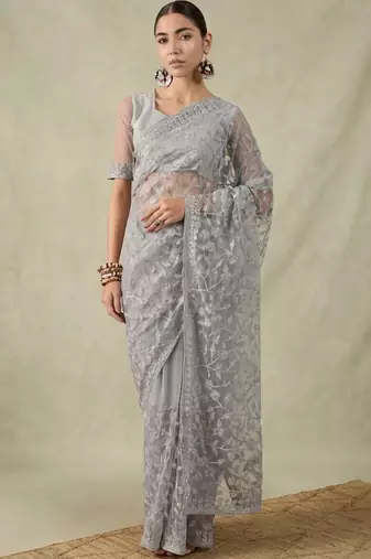 Grey embellished embroidered net designer saree