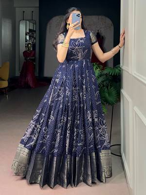 Awesome Navy Blue Weaving Border Cotton Traditional Gown 2