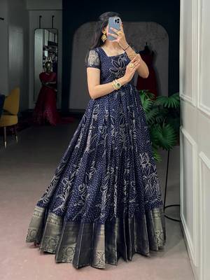 Awesome Navy Blue Weaving Border Cotton Traditional Gown 3