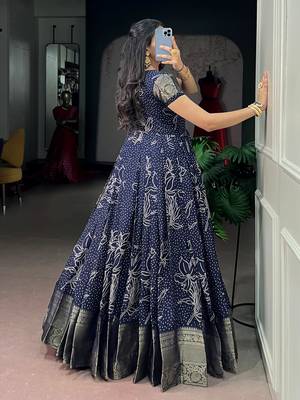 Awesome Navy Blue Weaving Border Cotton Traditional Gown 4