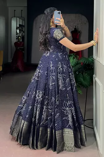 Awesome Navy Blue Weaving Border Cotton Traditional Gown