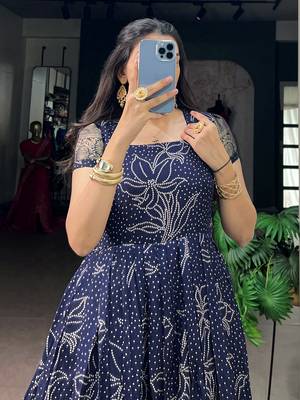 Awesome Navy Blue Weaving Border Cotton Traditional Gown 5