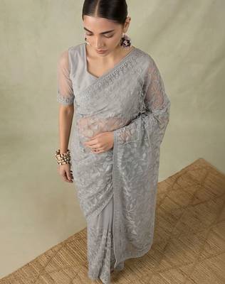 Grey embellished embroidered net designer saree 3