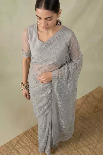 Grey embellished embroidered net designer saree