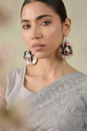 Grey embellished embroidered net designer saree