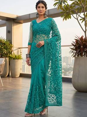 Teal embellished embroidered net designer saree 1