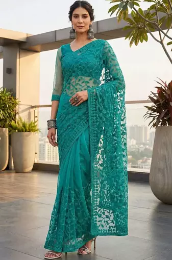 Teal embellished embroidered net designer saree