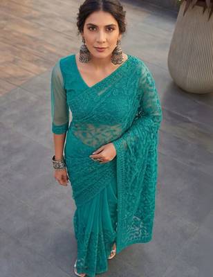 Teal embellished embroidered net designer saree 2