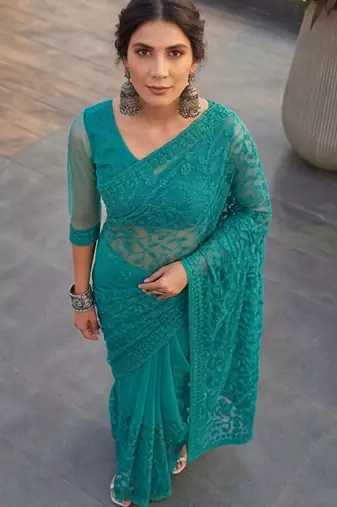 Teal embellished embroidered net designer saree