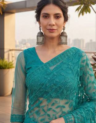 Teal embellished embroidered net designer saree 3