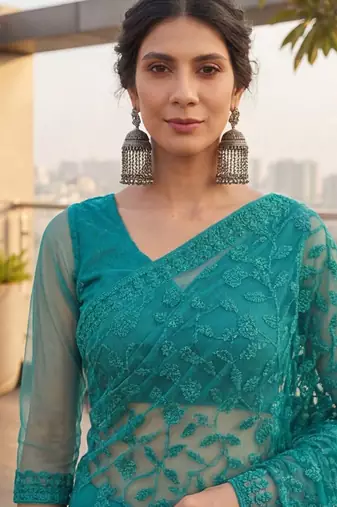 Teal embellished embroidered net designer saree