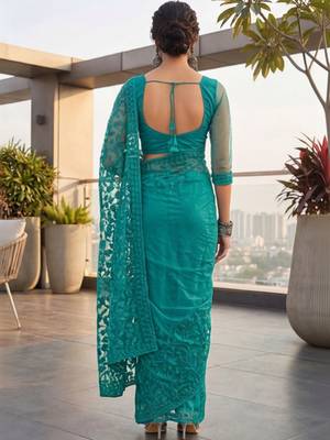 Teal embellished embroidered net designer saree 4