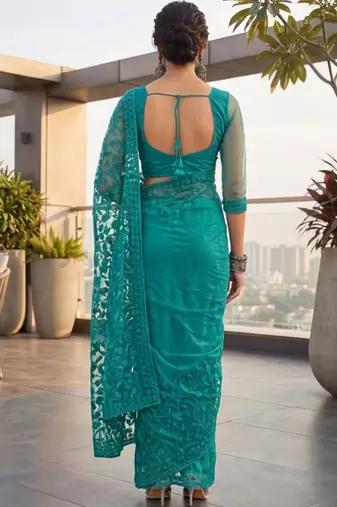 Teal embellished embroidered net designer saree