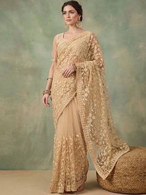 Gold embellished embroidered net designer saree 1