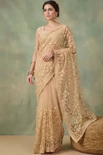 Gold embellished embroidered net designer saree