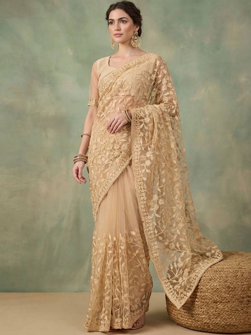 Gold embellished embroidered net designer saree