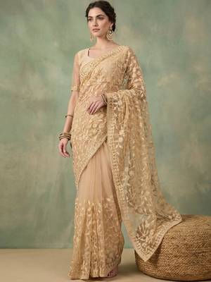 Gold embellished embroidered net designer saree 2