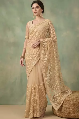 Gold embellished embroidered net designer saree