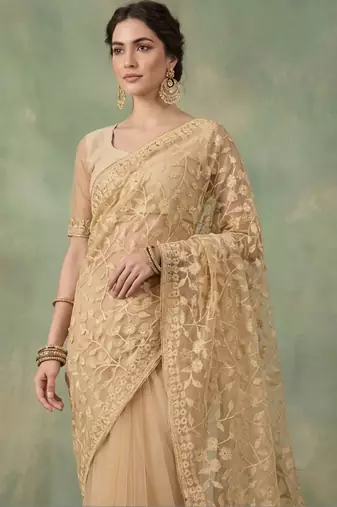 Gold embellished embroidered net designer saree