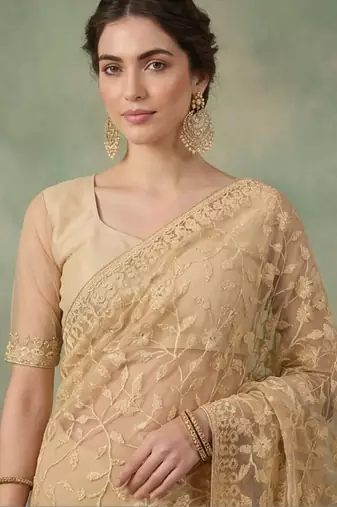 Gold embellished embroidered net designer saree