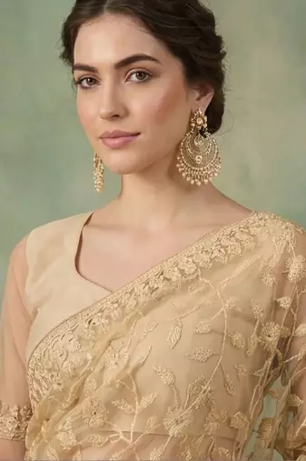 Gold embellished embroidered net designer saree