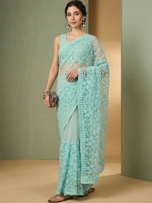 Turquoise embellished embroidered net designer saree 1