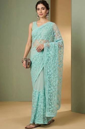 Turquoise embellished embroidered net designer saree