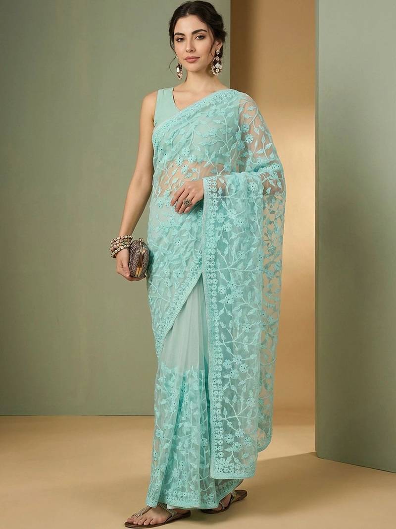Turquoise embellished embroidered net designer saree