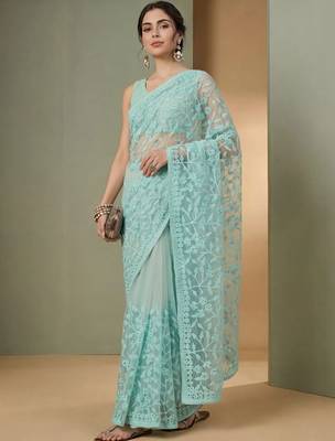 Turquoise embellished embroidered net designer saree 2