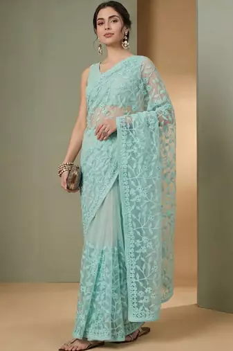 Turquoise embellished embroidered net designer saree