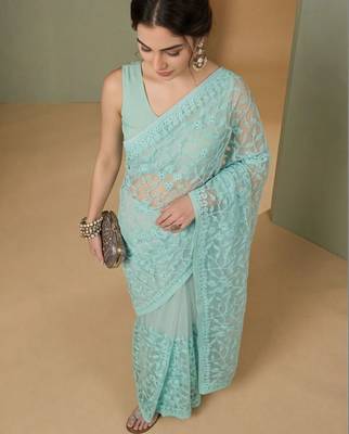 Turquoise embellished embroidered net designer saree 3