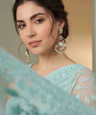 Turquoise embellished embroidered net designer saree 4
