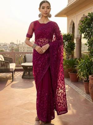 Purple embellished embroidered net designer saree 1