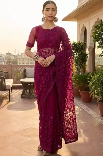 Purple embellished embroidered net designer saree
