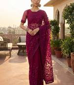 Purple embellished embroidered net designer saree