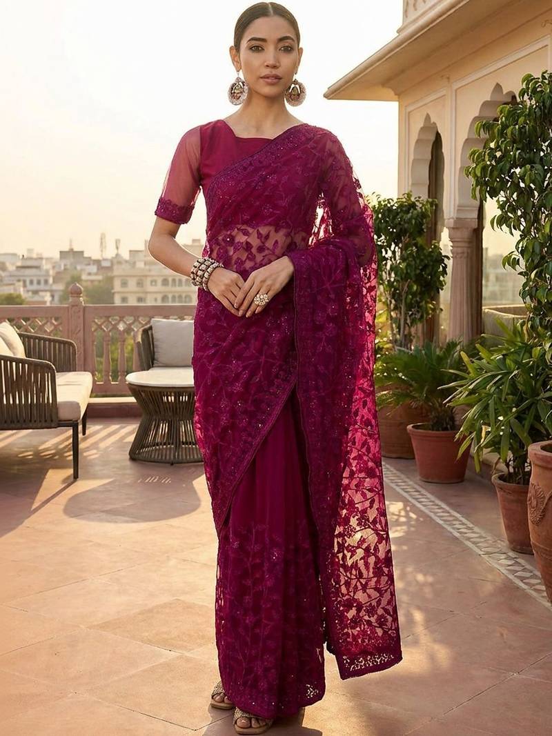 Purple embellished embroidered net designer saree