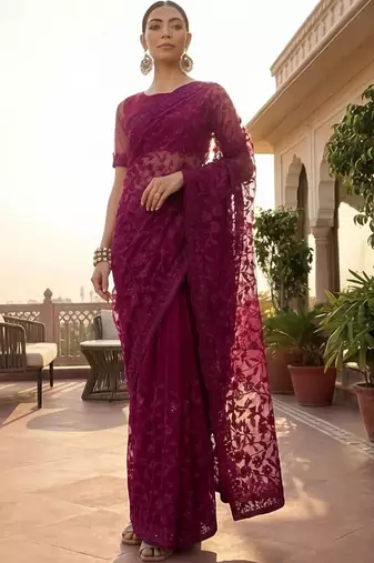 Purple embellished embroidered net designer saree